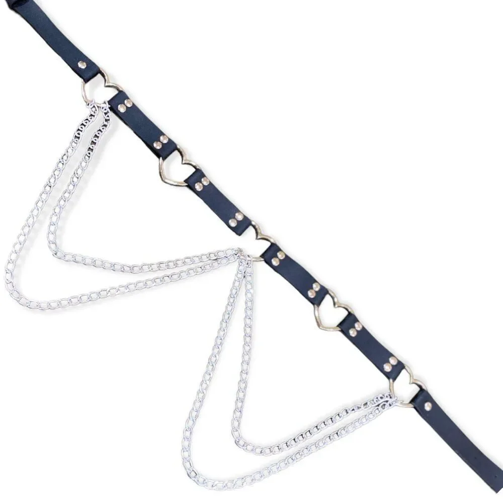 Black Faux Leather Silver Open Hearts Double Chains Belt OS NWT Grunge Plus Size